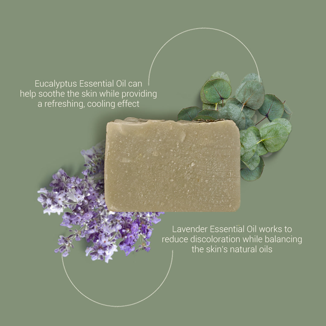 key ingredients of limited edition lavender and eucalyptus bar soap | tea tree essential oil | lavender essential oil | eucalyptus essential oil | herb'neden